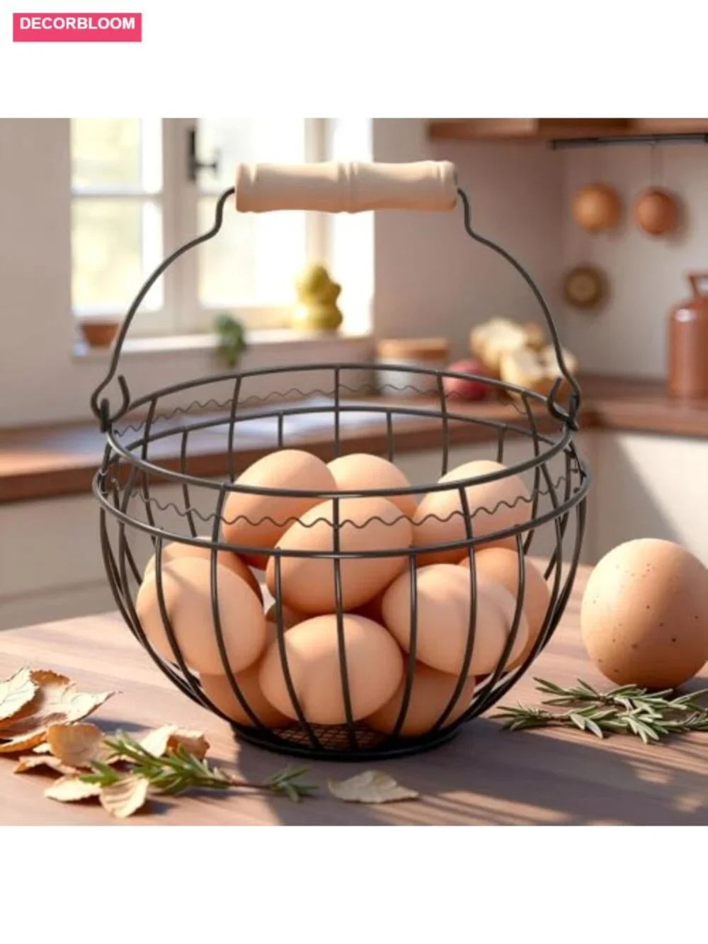 Wire Egg Basket Metal Wood Handle Holds 24 Eggs Farmhouse Kitchen